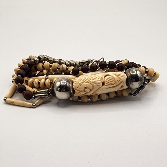 Tribal Necklace Bovine Hairpipe Beads Wood Metal Carved Lion Attacking Elephant - Picture 6 of 7